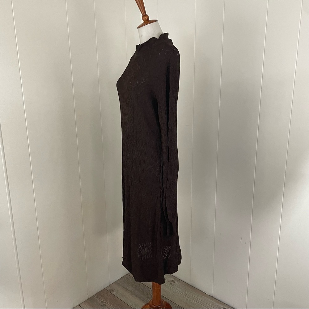 Vintage Knit Dress Women’s L Brown Semi Sheer Mock Neck‎ Long Sleeve Midi - Picture 3 of 6